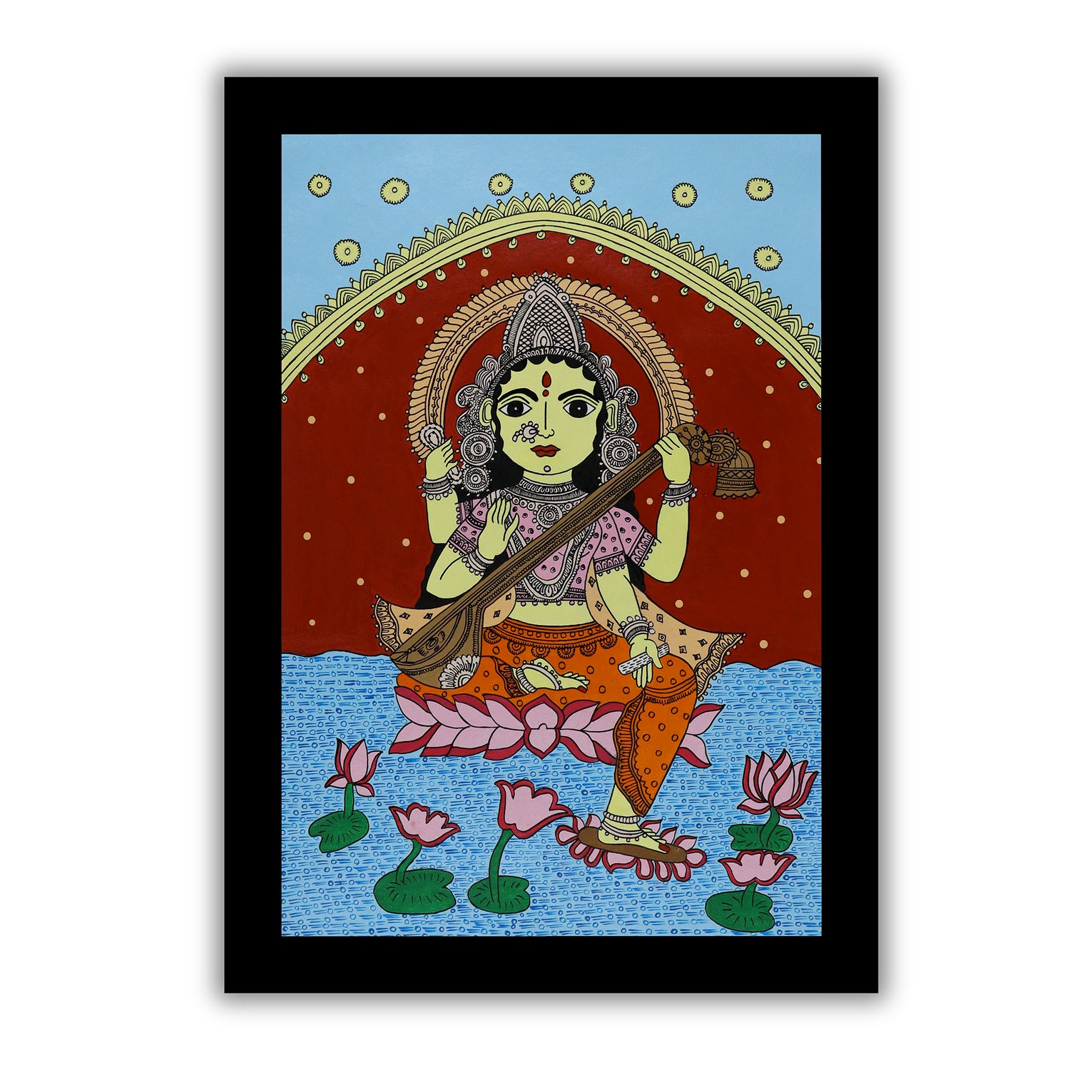 Handmade Kalamkari Saraswati Painting 17x24 Inch Wall Art