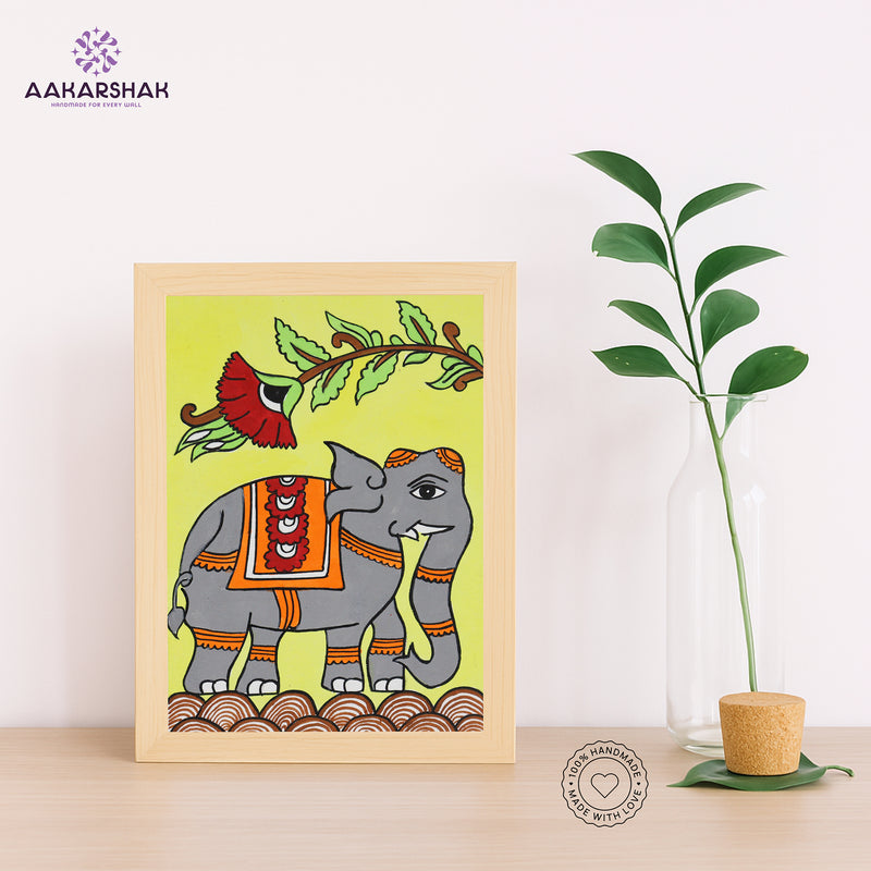 Handmade Kalamkari Elephant Painting – Framed 6x8 Inch Wall Art