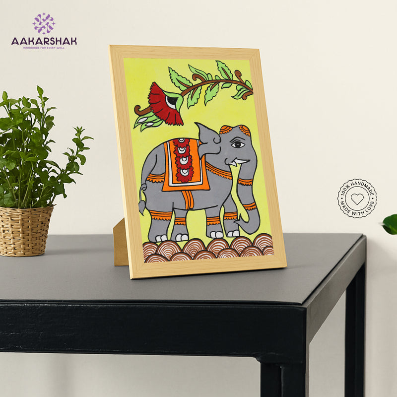 Handmade Kalamkari Elephant Painting – Framed 6x8 Inch Wall Art