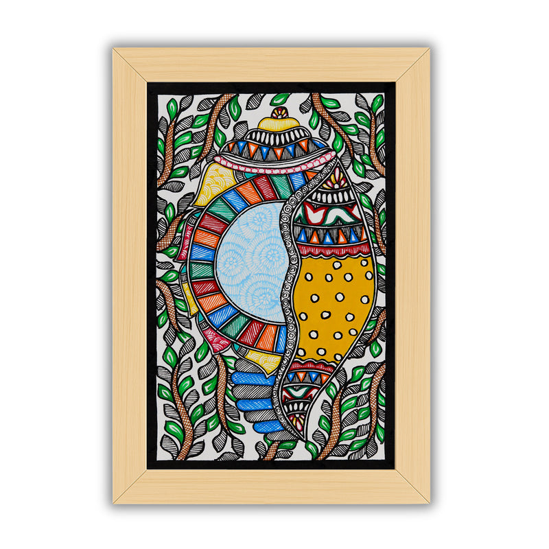 Handmade Madhubani Shankh Painting 8x12 Inch Framed Indian Wall Decor