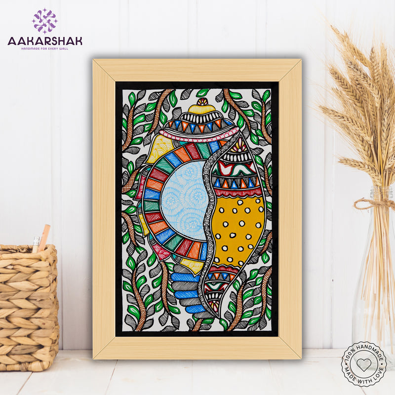 Handmade Madhubani Shankh Painting 8x12 Inch Framed Indian Wall Decor