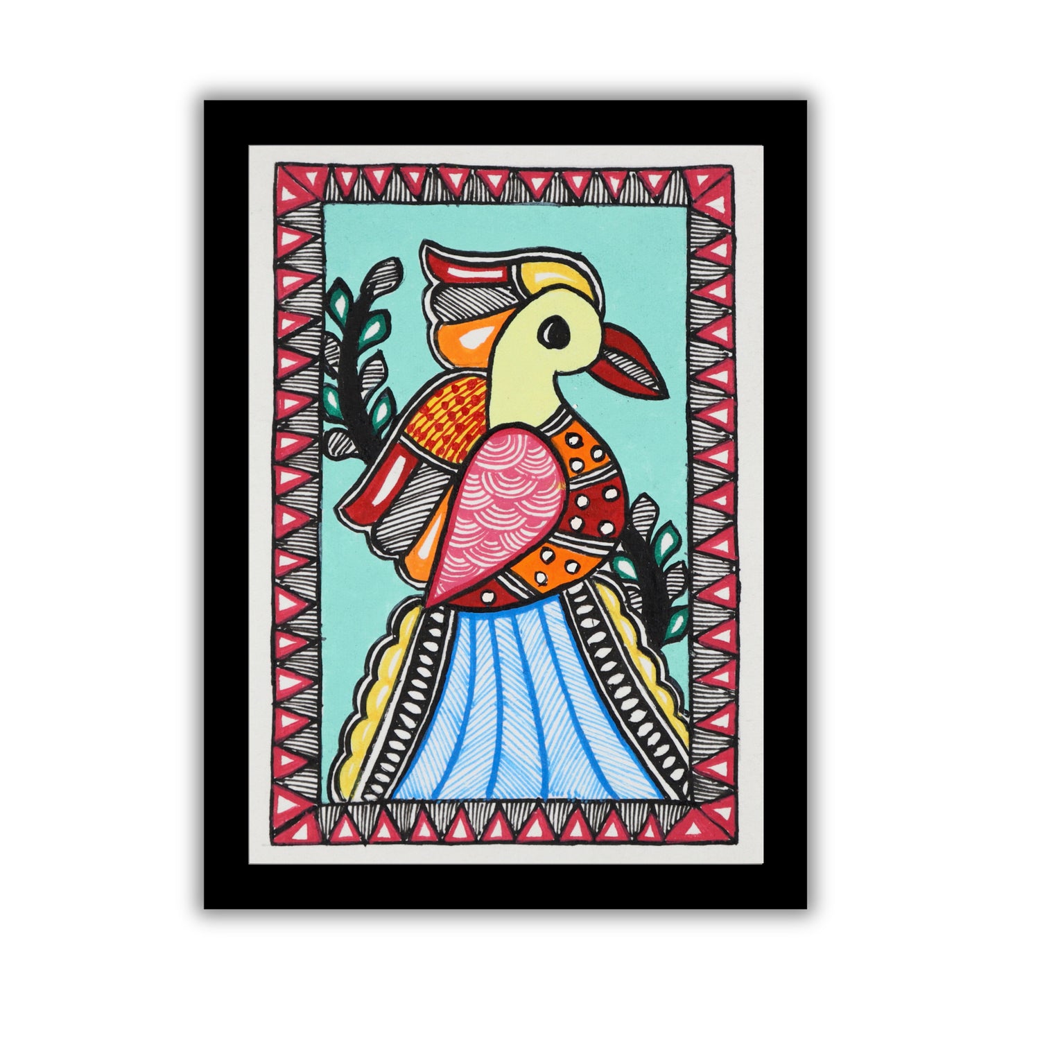 Handmade Madhubani Peacock Painting 6x8 Inch Framed Indian Wall Decor