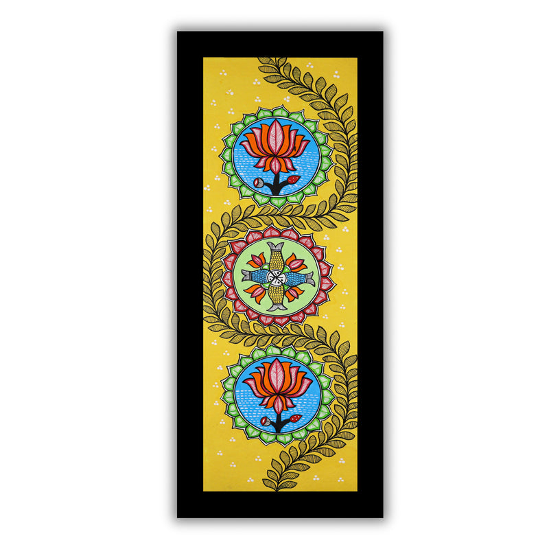 Handmade Madhubani art Lotus Painting Framed Indian Wall Decor 8x23 Inch