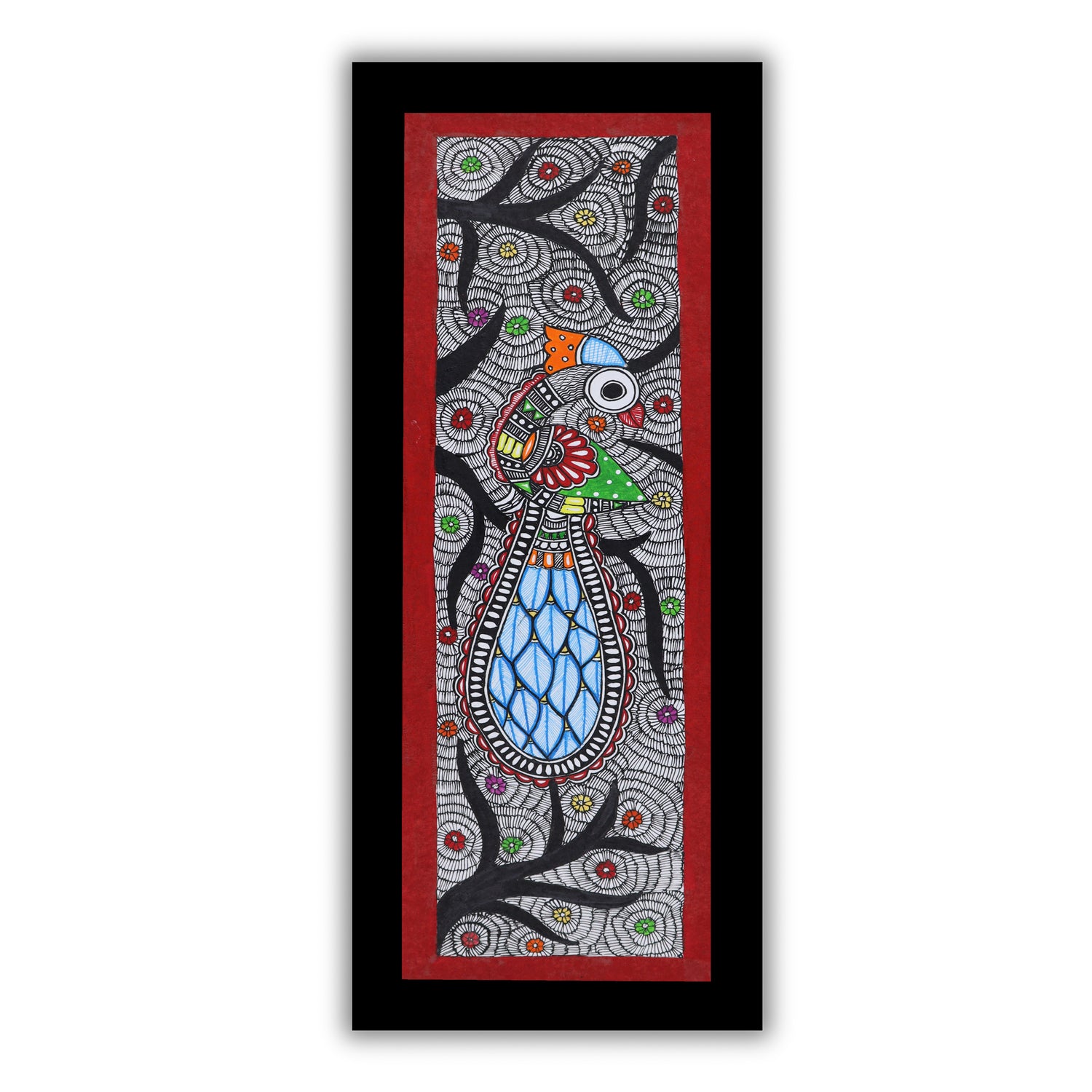 Handmade Madhubani art Peacock Painting Framed Indian Wall Decor 8x23 Inch