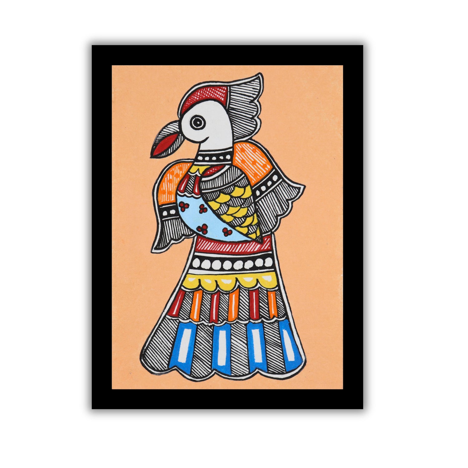 Handmade Madhubani Peacock Painting 6x8 Inch Framed Indian Wall Decor