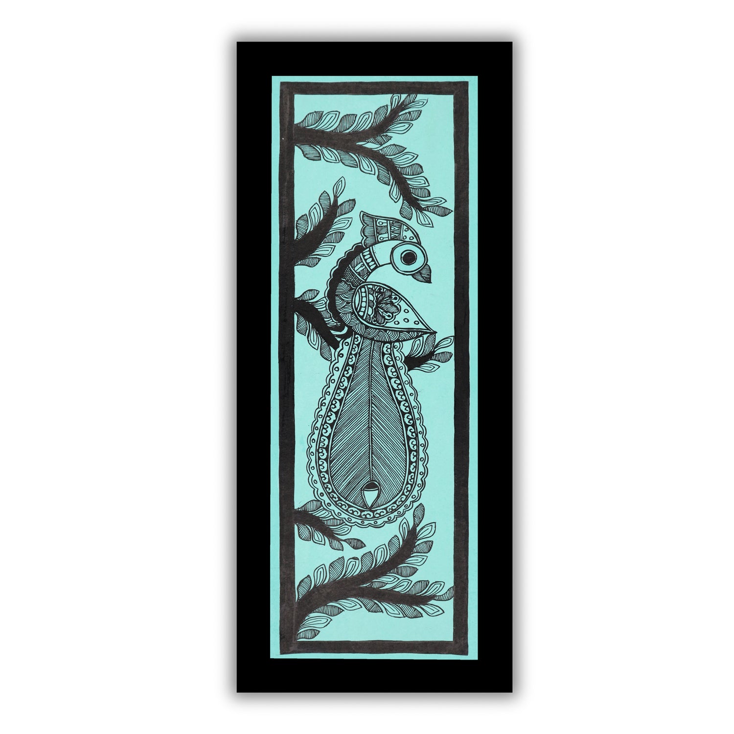 Handmade Madhubani art Peacock Painting Framed Indian Wall Decor 8x23 Inch