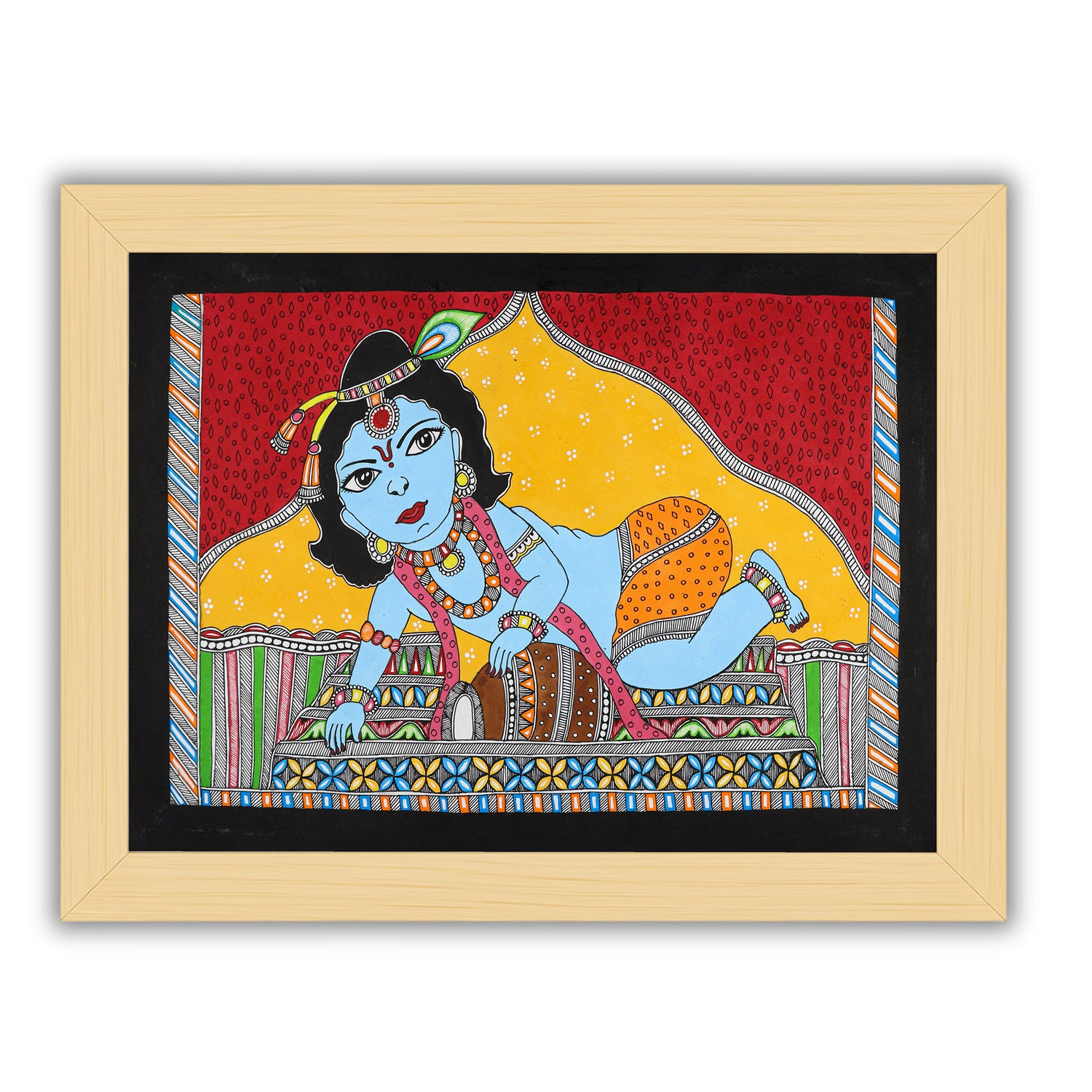 Framed artwork of a colorful baal-krishna-with handmade madhubani painting 