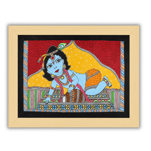 Framed artwork of a colorful baal-krishna-with handmade madhubani painting 