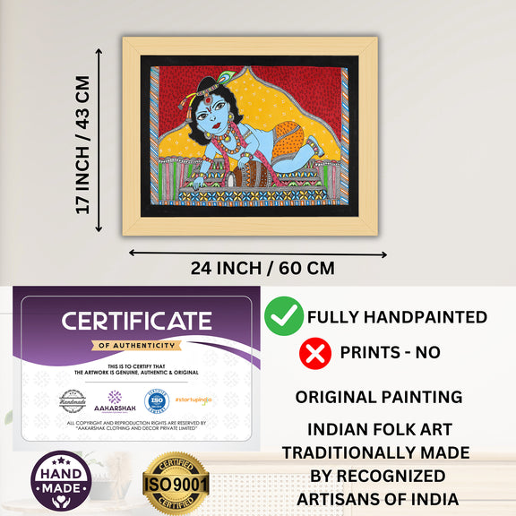 Framed artwork with dimensions, authenticity certificate and handmade iso certified baal-krishna madhubani painting