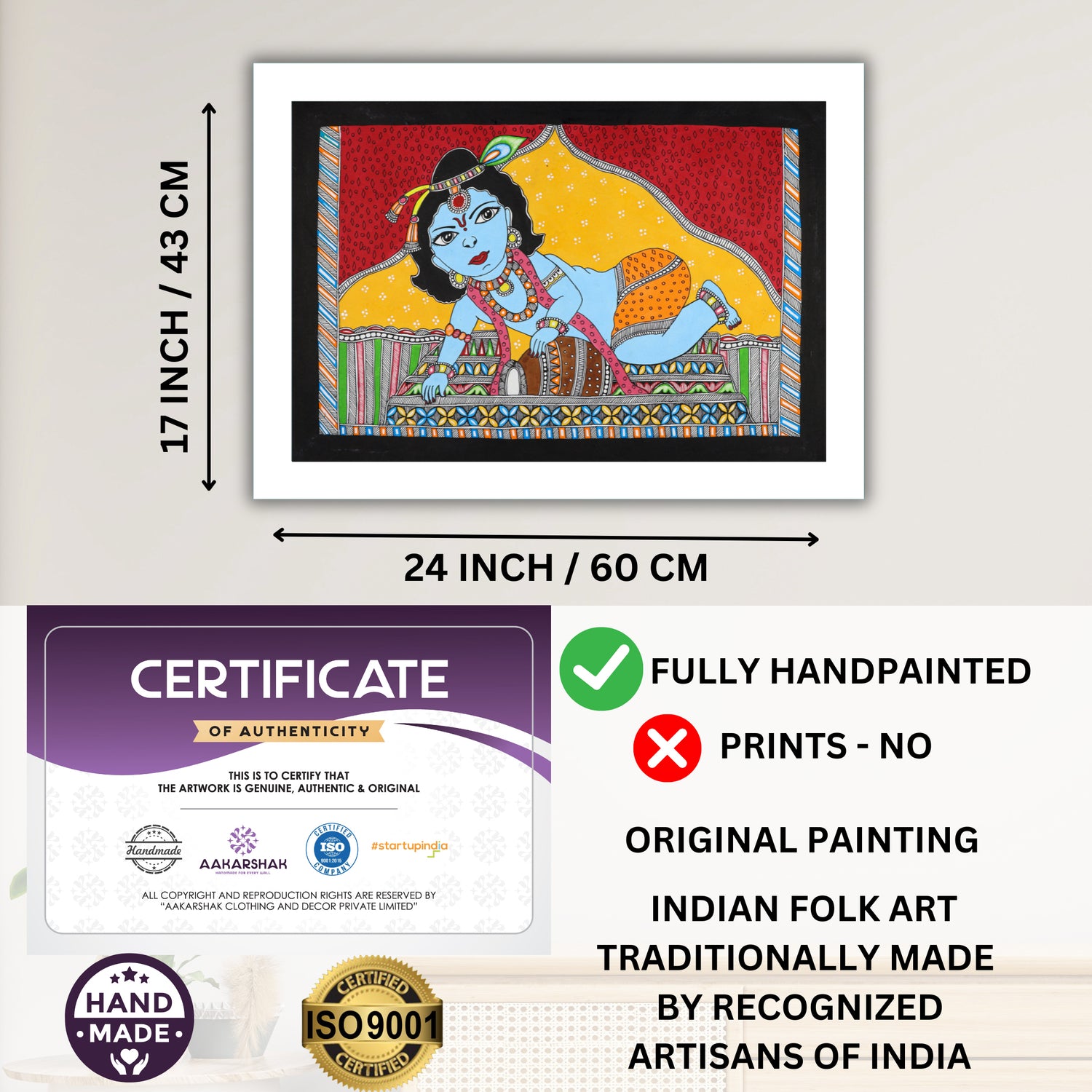 Framed artwork with dimensions, authenticity certificate and handmade iso certified baal-krishna madhubani painting