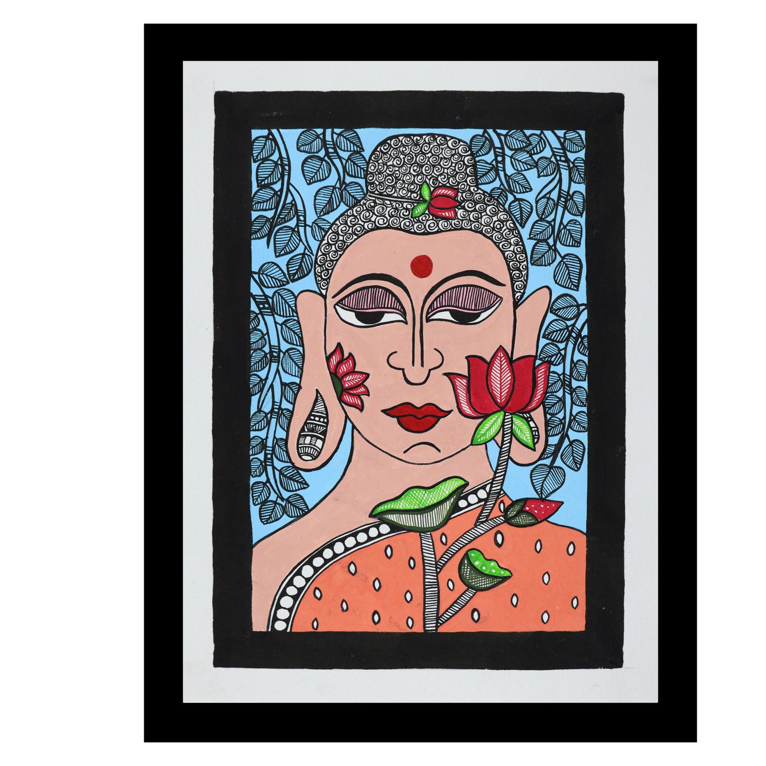 Framed artwork of a colorful buddha -with handmade madhubani painting 