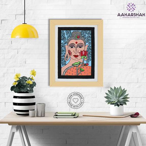 Framed artwork with buddha design -handmade madhubani painting for home decor