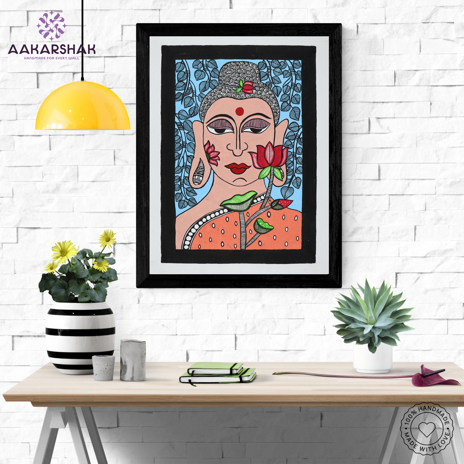 Framed artwork with buddha design -handmade madhubani painting for home decor