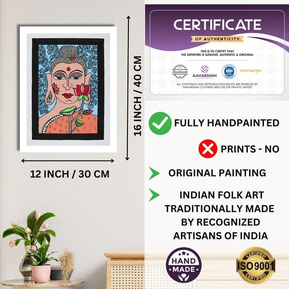Framed artwork with dimensions, authenticity certificate and handmade iso certified-fish madhubani painting