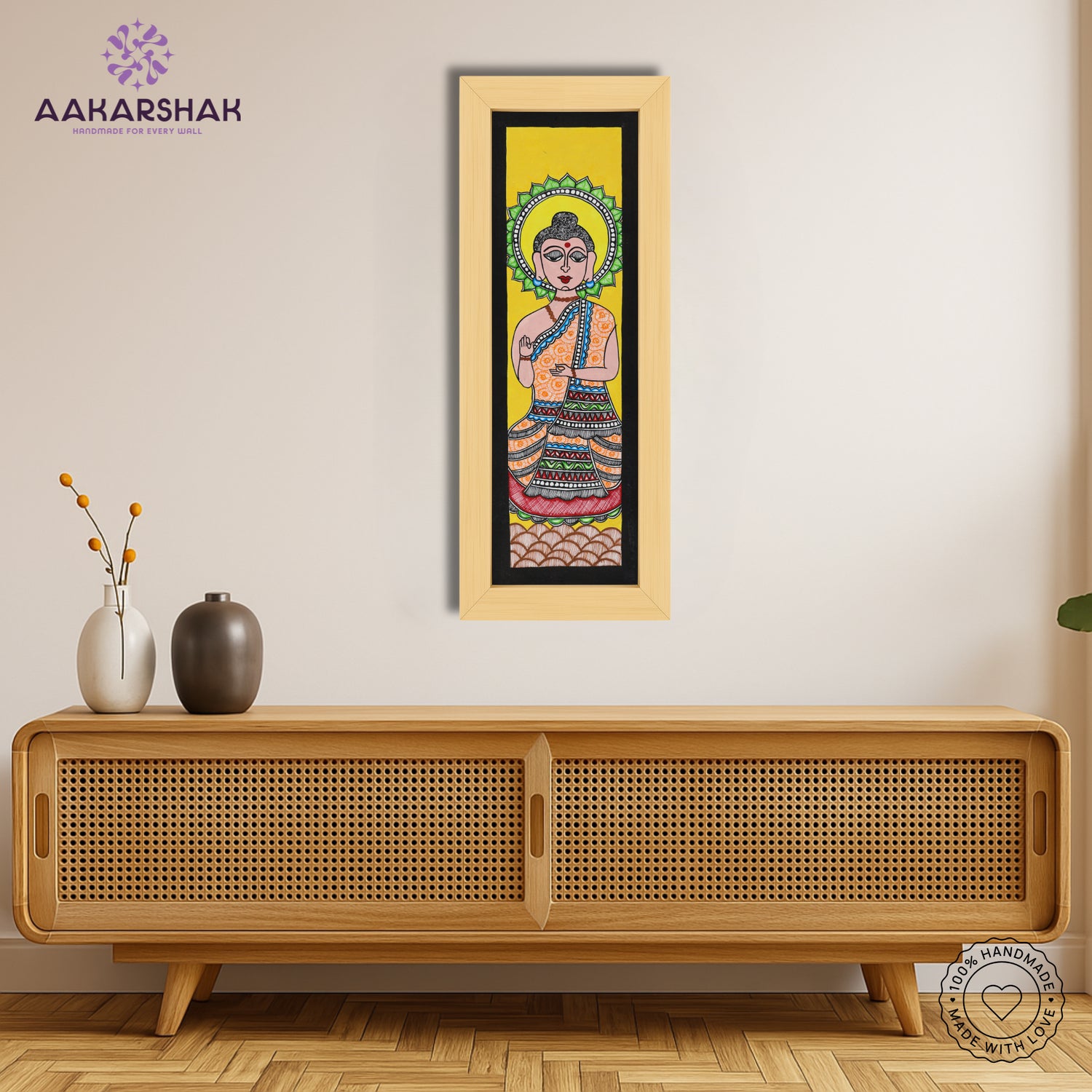 Framed artwork with buddha design -handmade madhubani painting for home decor