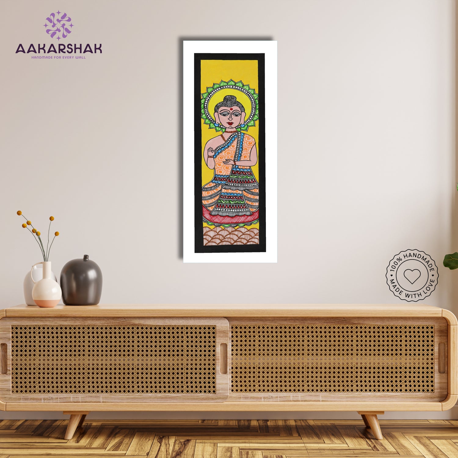Framed artwork with buddha design -handmade madhubani painting for home decor