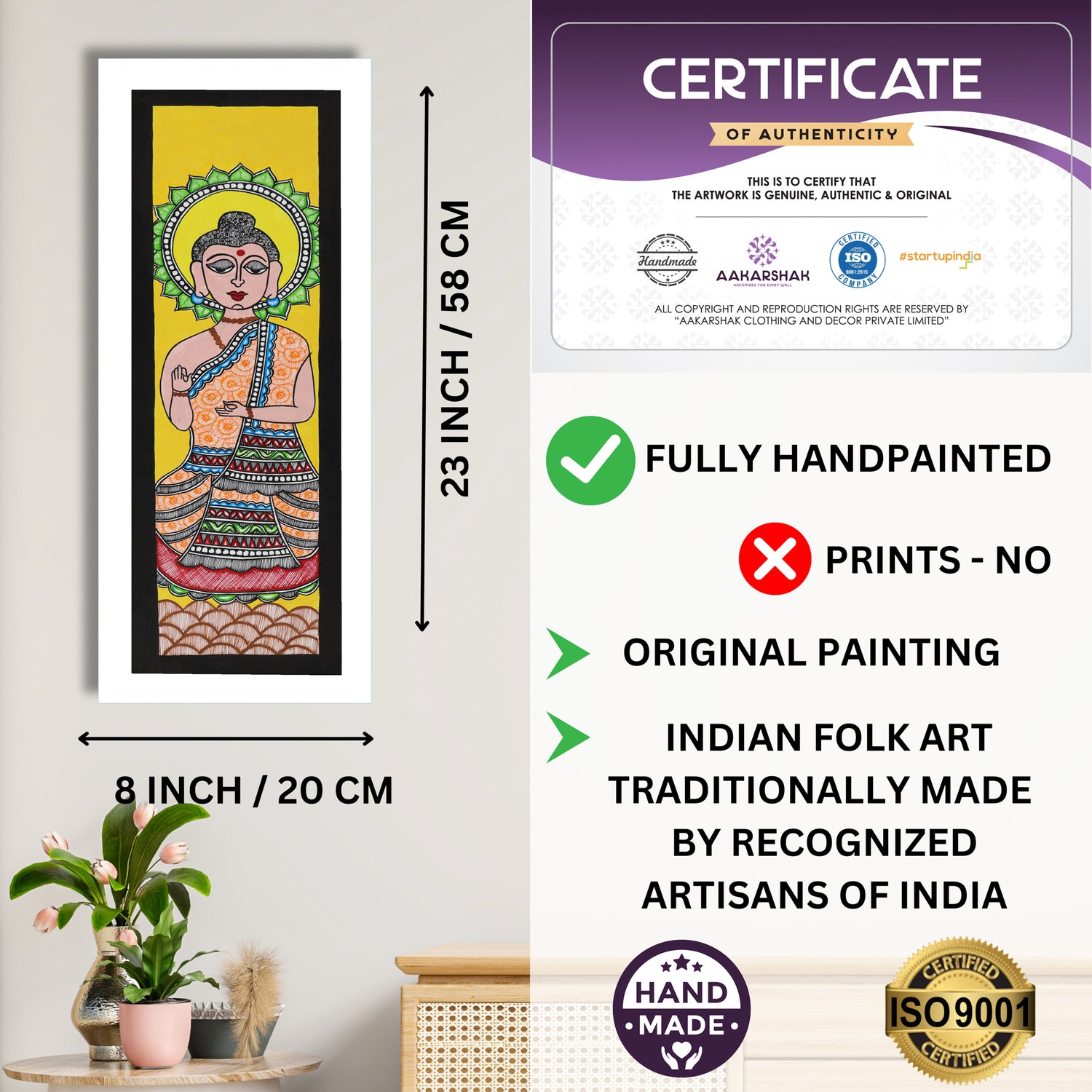 Framed artwork with dimensions, authenticity certificate and handmade iso certified-buddha madhubani painting