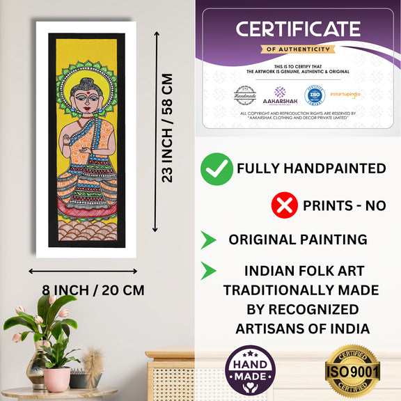Framed artwork with dimensions, authenticity certificate and handmade iso certified-buddha madhubani painting