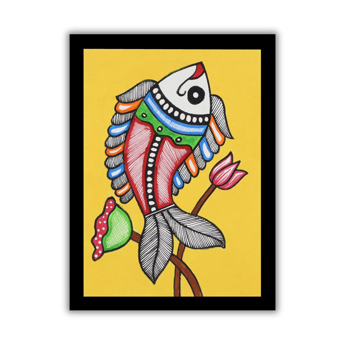 handmade madhubani painting fish-in vibrant traditional folk art style
