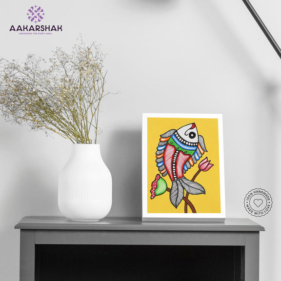 Handmade Madhubani fish painting-with tabletop stand for home decor
