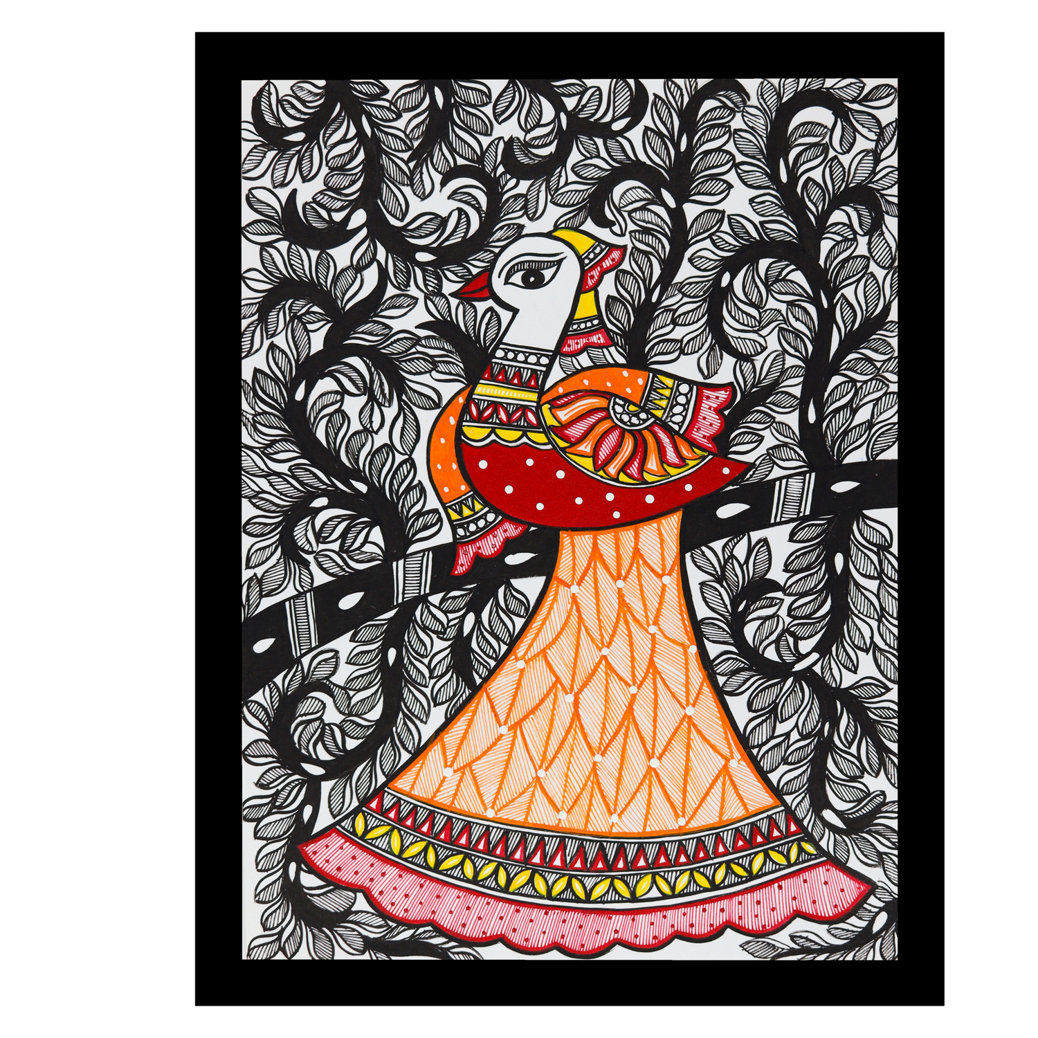 Framed artwork of a colorful dancing peacock -with handmade madhubani painting 
