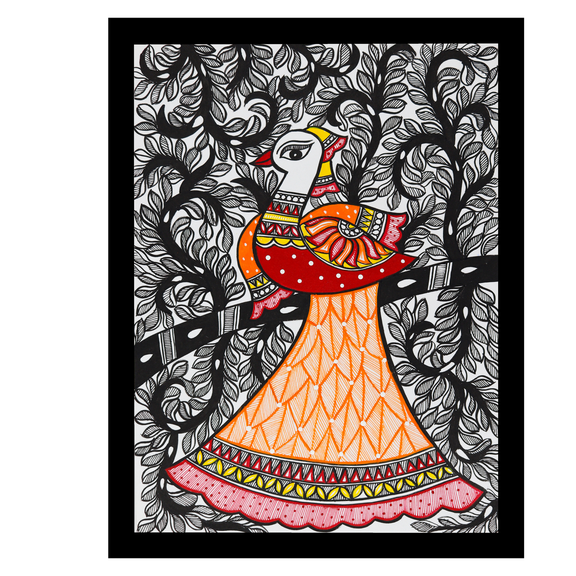 Framed artwork of a colorful dancing peacock -with handmade madhubani painting 