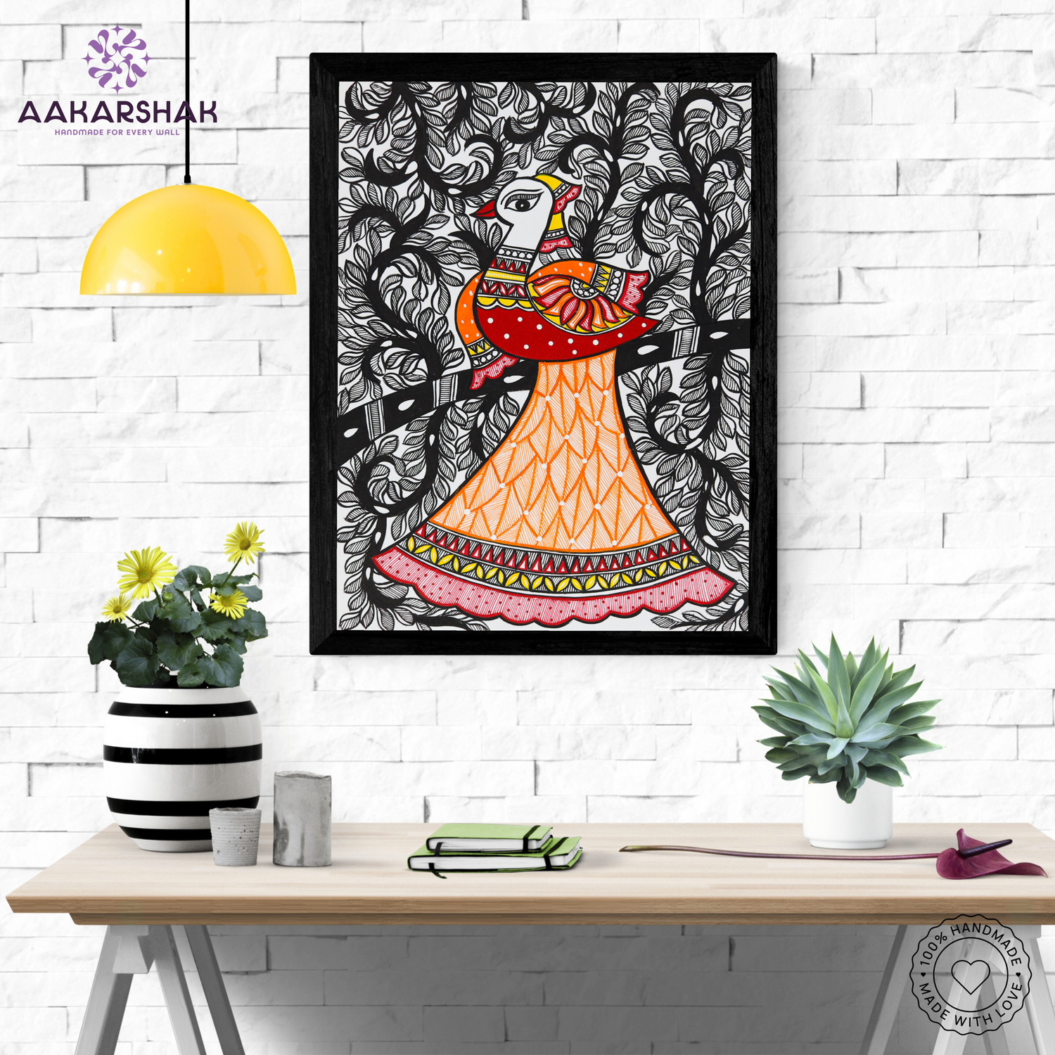 Framed artwork with peacock design -handmade madhubani painting for home decor