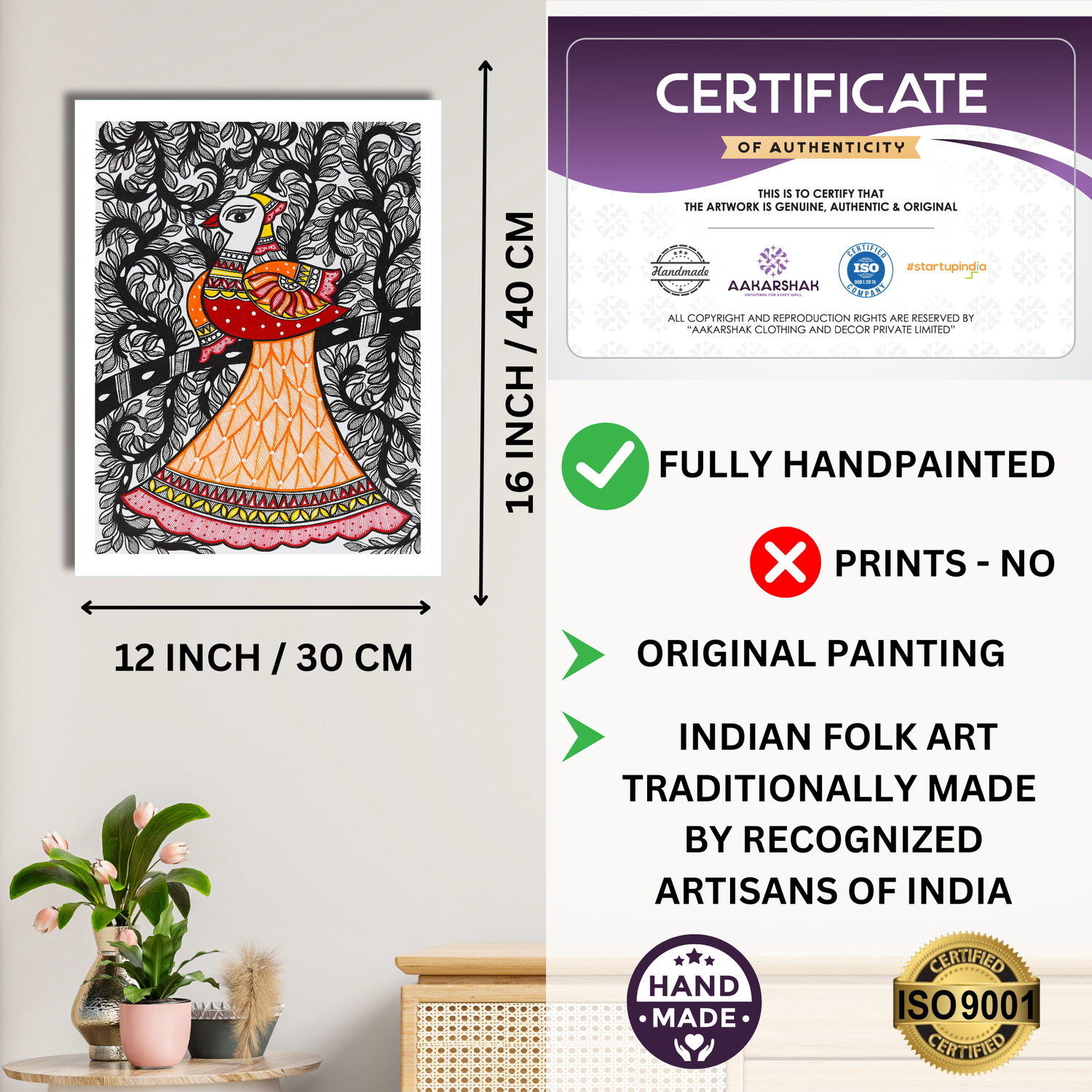 Framed artwork with dimensions, authenticity certificate and handmade iso certified-peacock madhubani painting