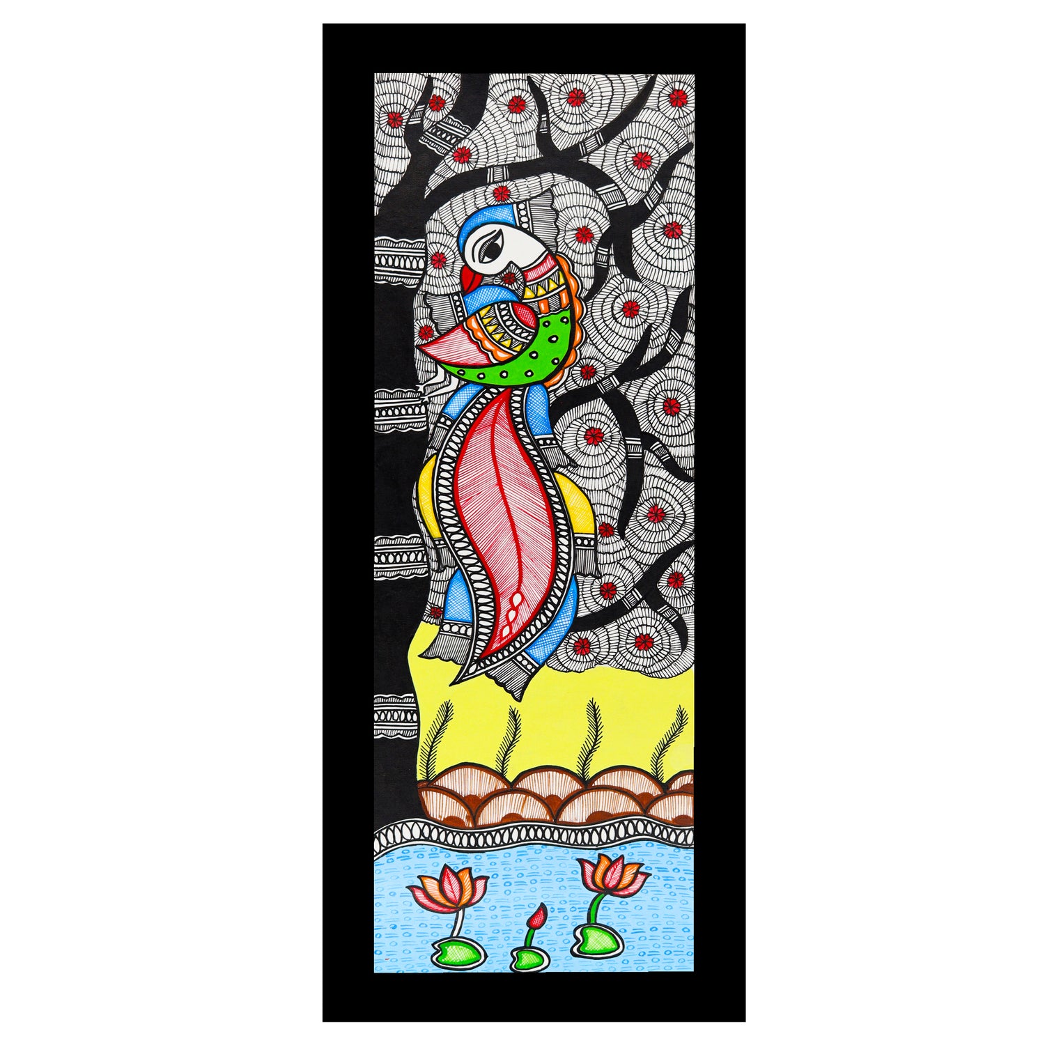 Framed artwork of a colorful peacock-with handmade madhubani painting 