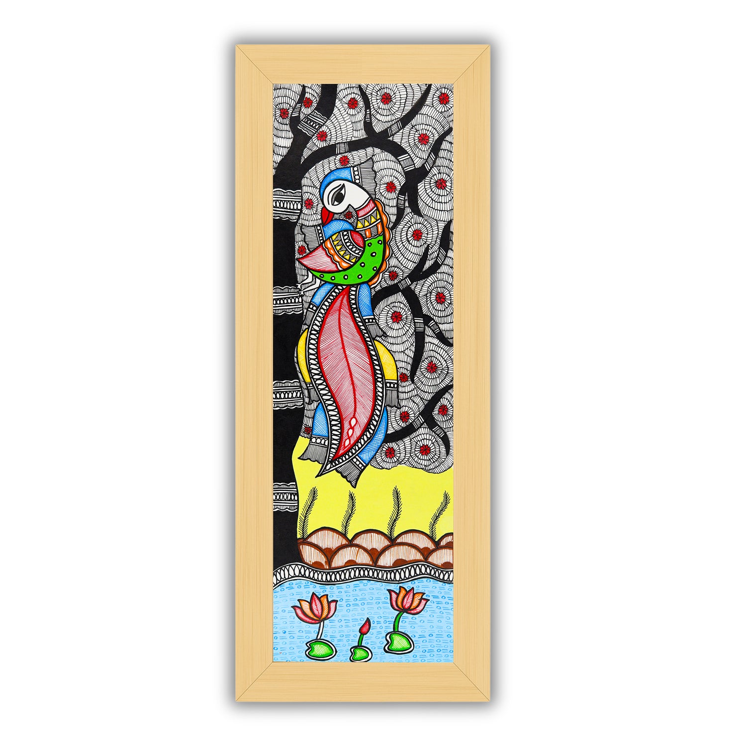 Framed artwork of a colorful peacock-with handmade madhubani painting 