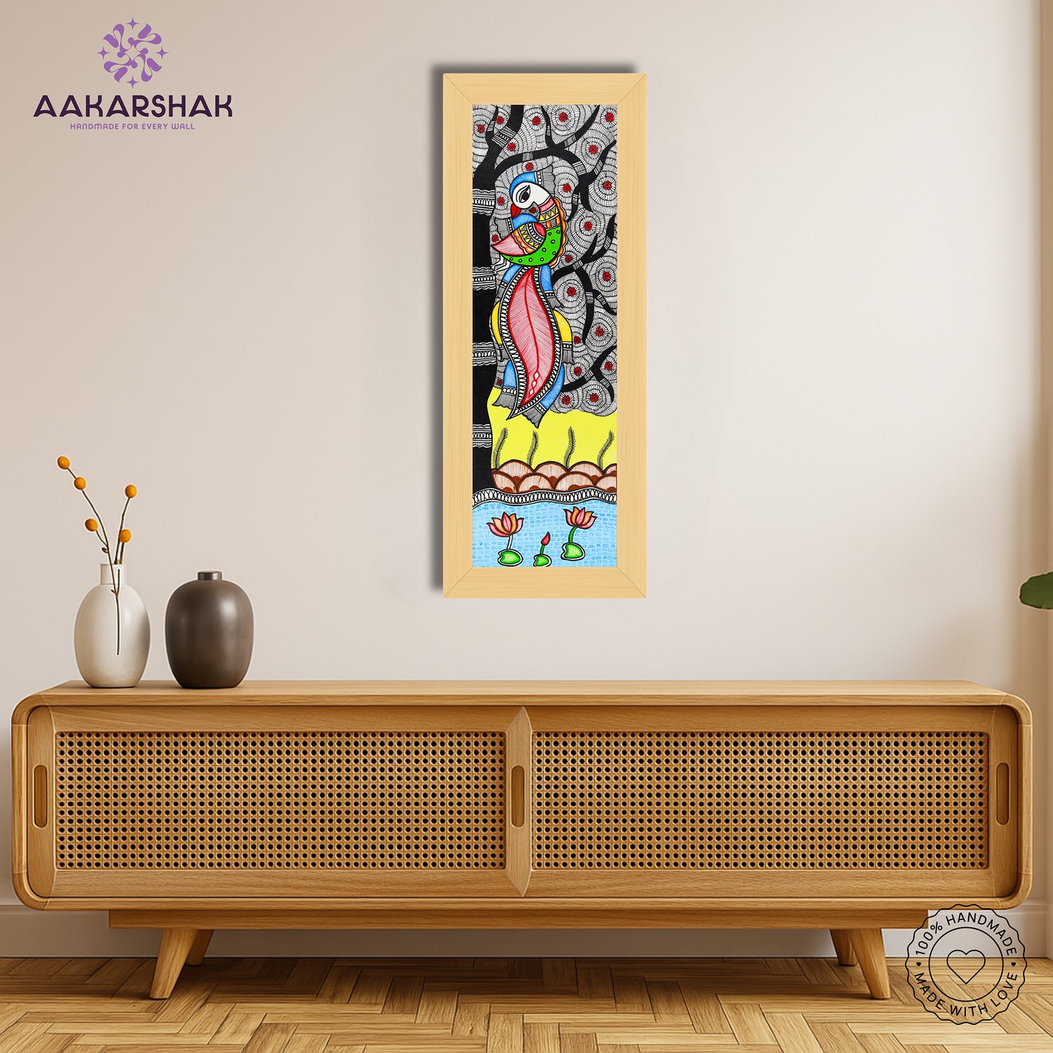 Framed artwork with peacock design -handmade madhubani painting for home decor
