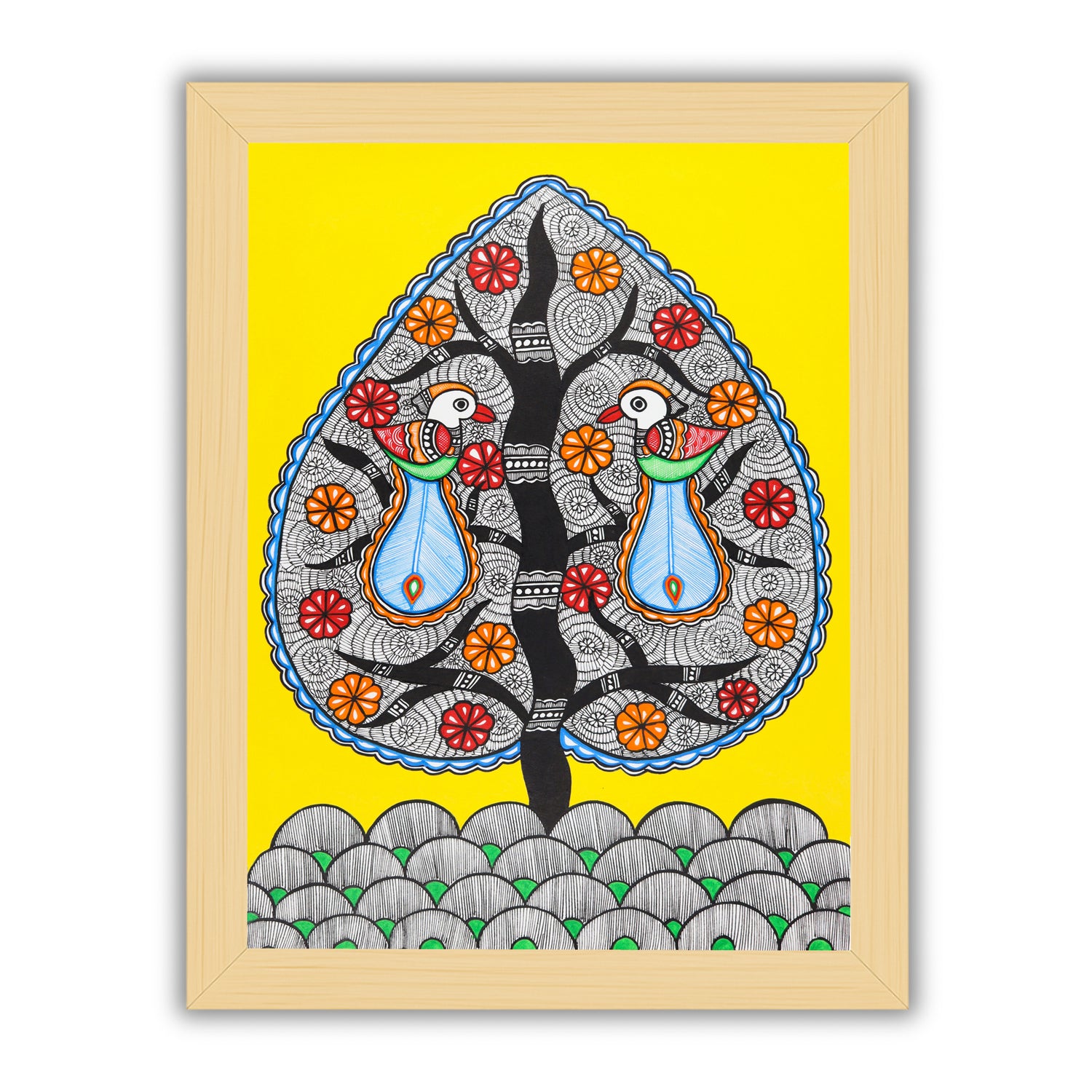 Framed artwork of a colorful dancing peacock-with handmade madhubani painting 