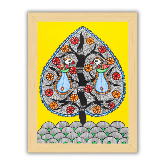 Framed artwork of a colorful dancing peacock-with handmade madhubani painting 