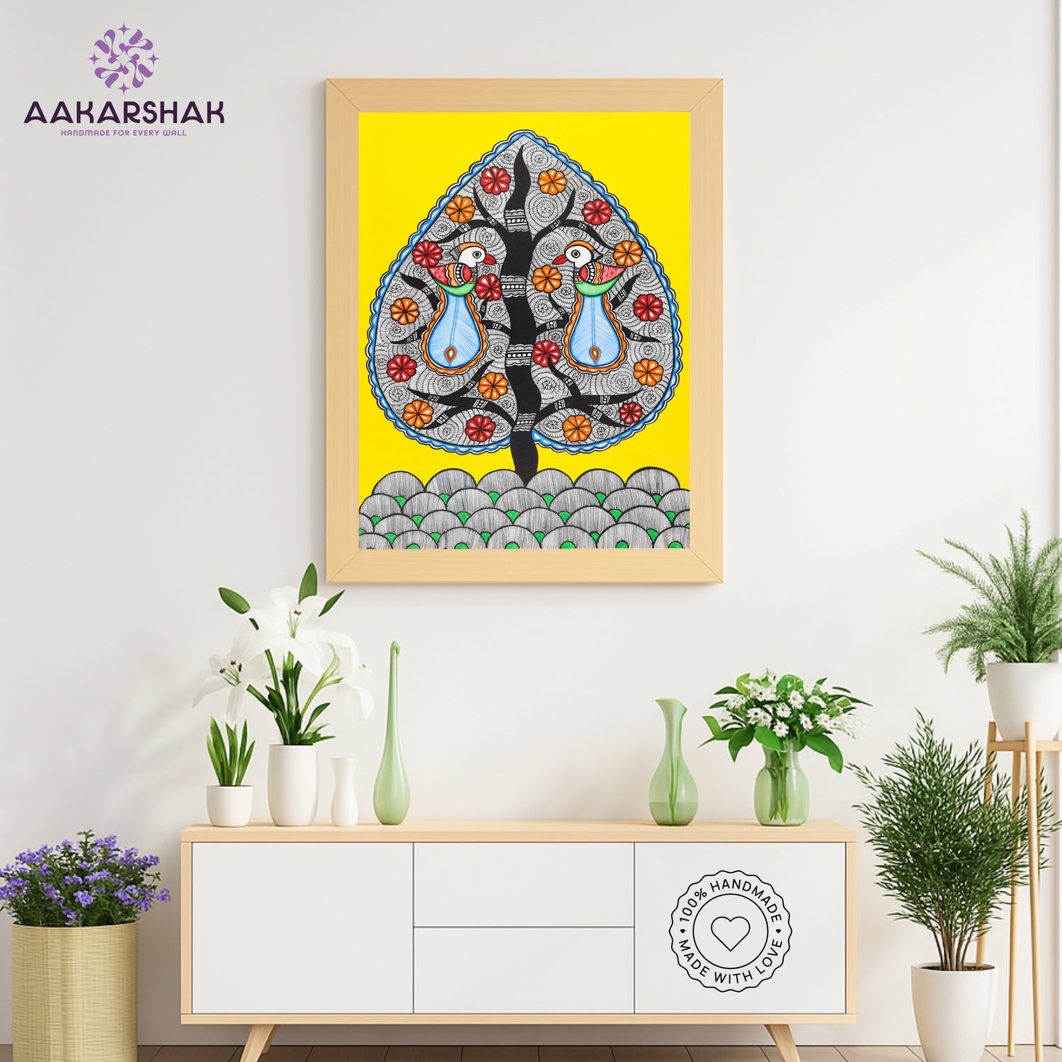 Framed artwork with dancing peacock design -handmade madhubani painting for home decor