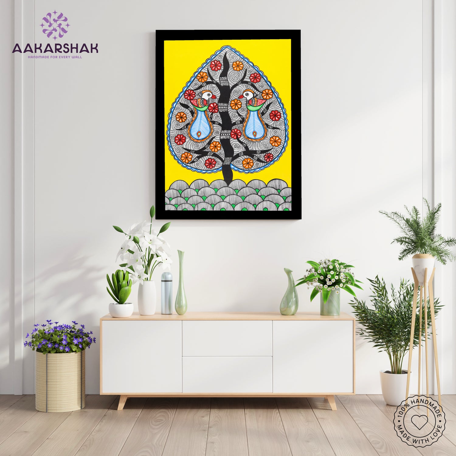 Framed artwork with dancing peacock design -handmade madhubani painting for home decor