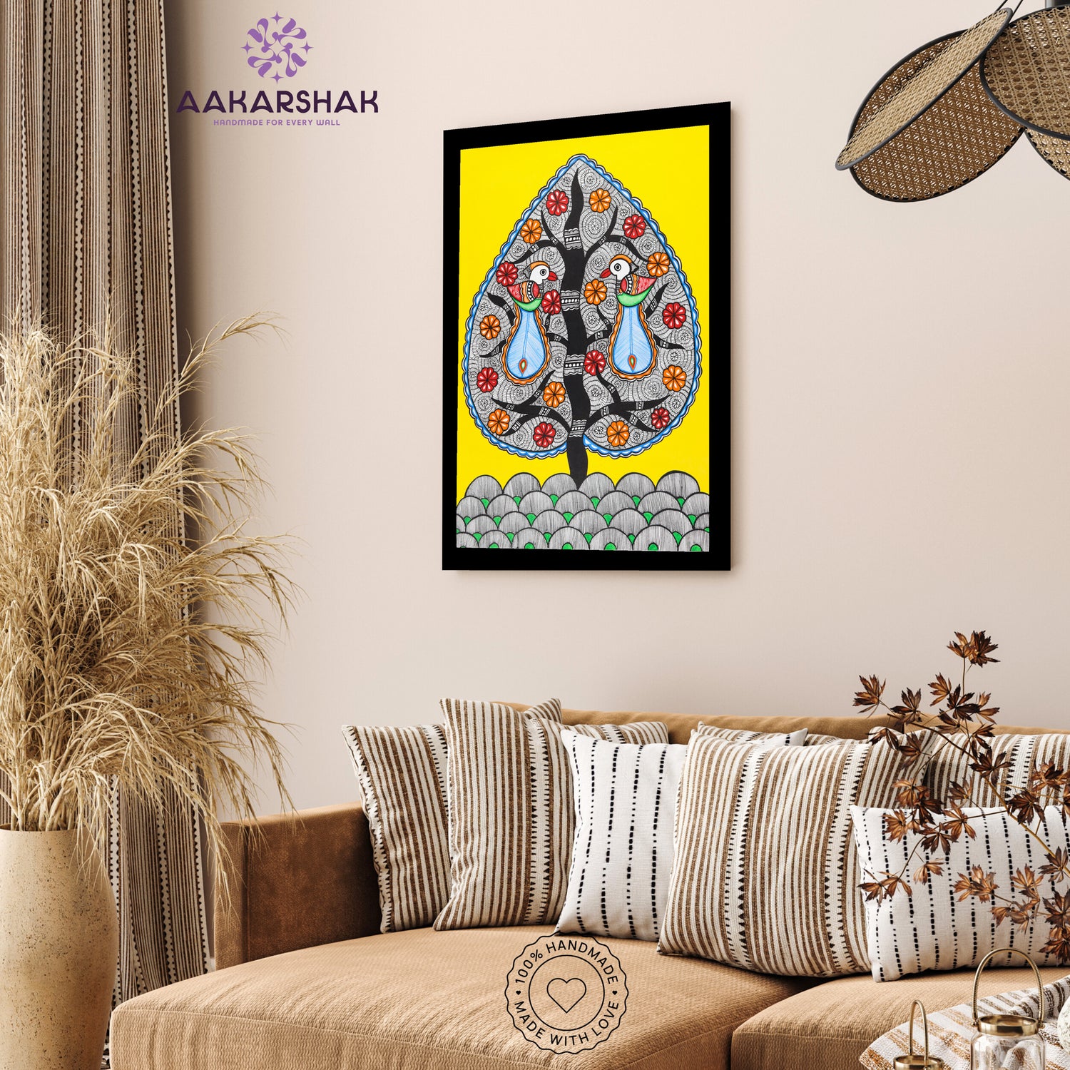 vibrant handmade dancing peacock painting-depicting indian folk traditions