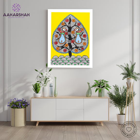 Framed artwork with dancing peacock design -handmade madhubani painting for home decor