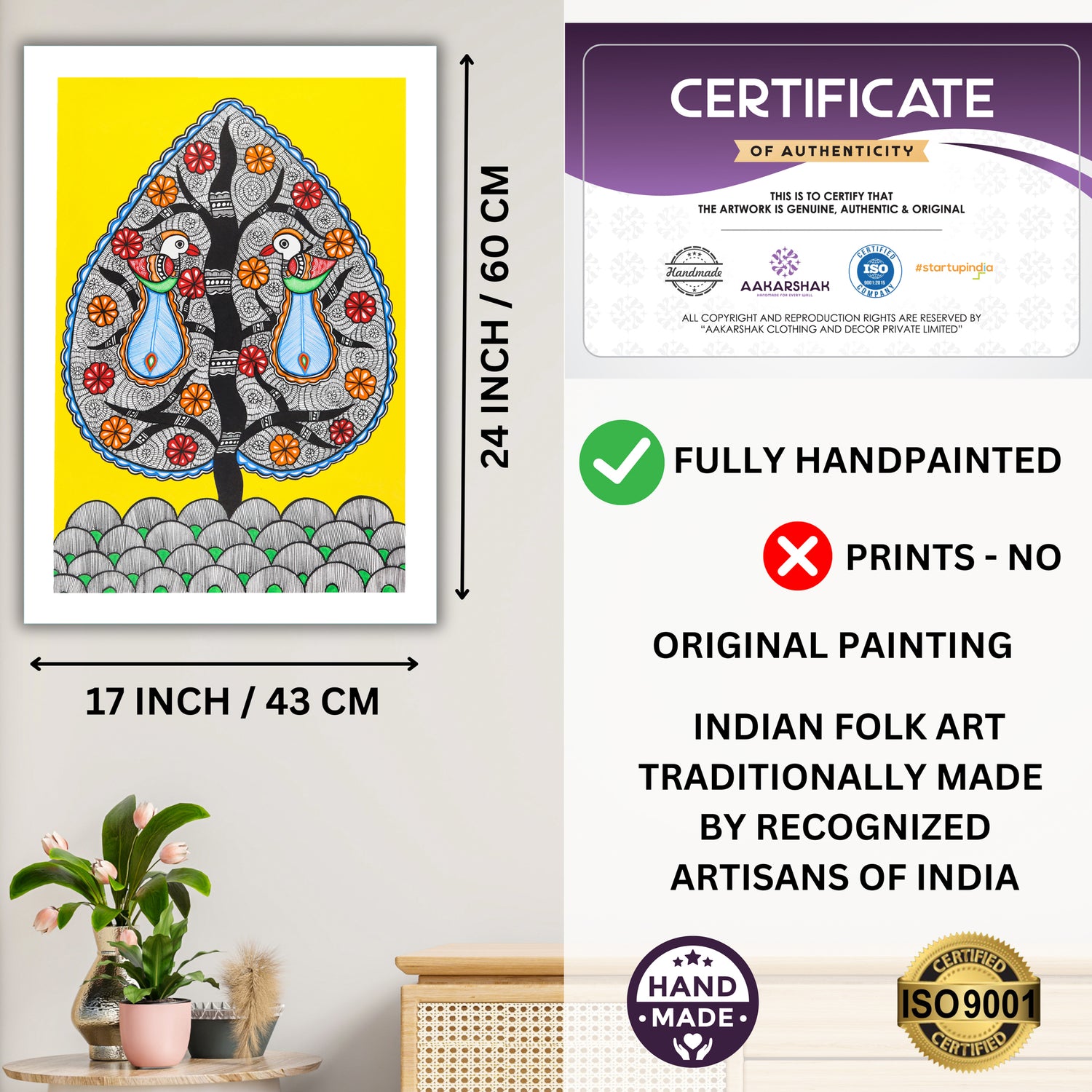 Framed artwork with dimensions, authenticity certificate and handmade iso certified-dancing peacock madhubani painting