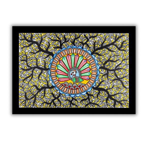 Framed artwork of a colorful dancing peacock-with handmade madhubani painting 