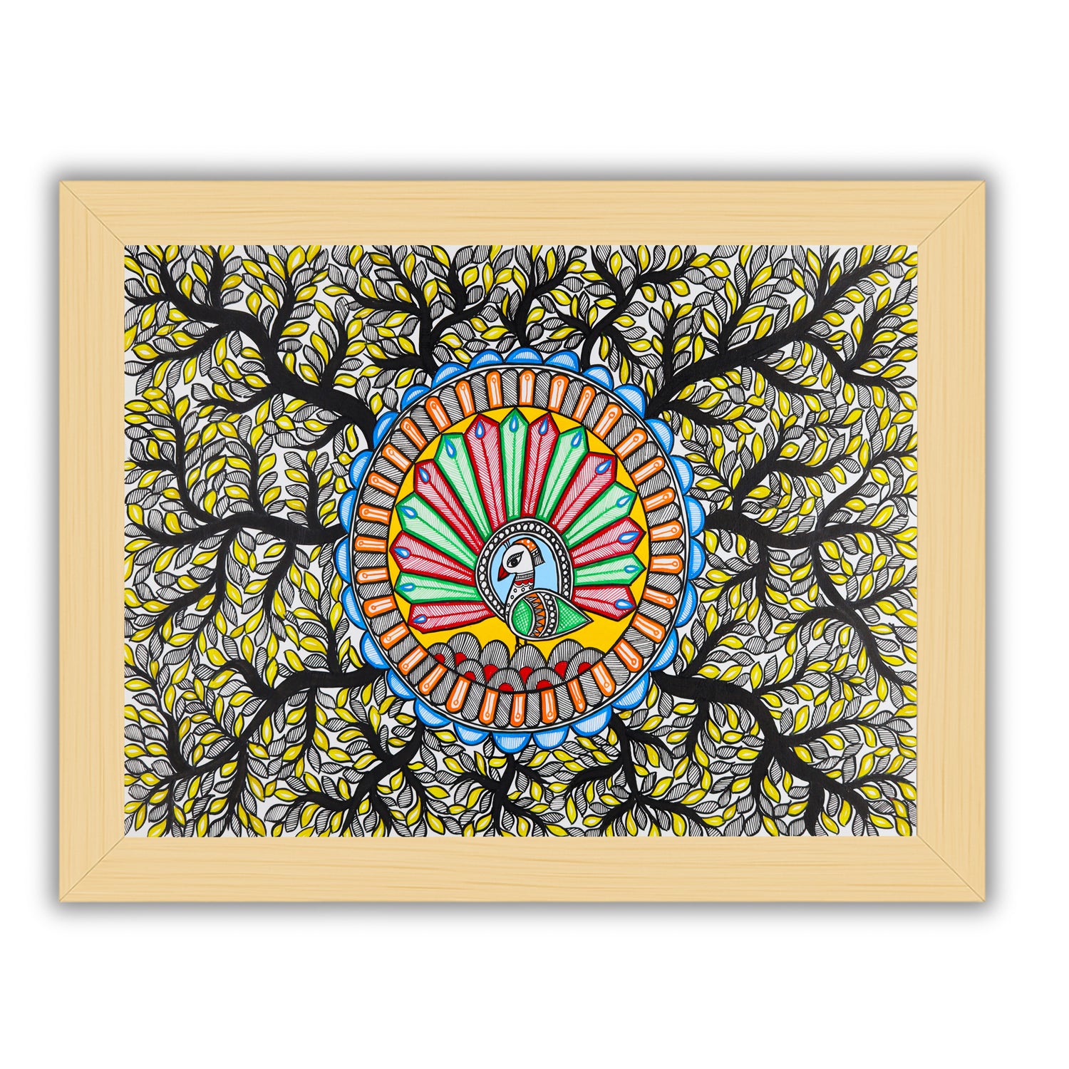 Framed artwork of a colorful dancing peacock-with handmade madhubani painting 