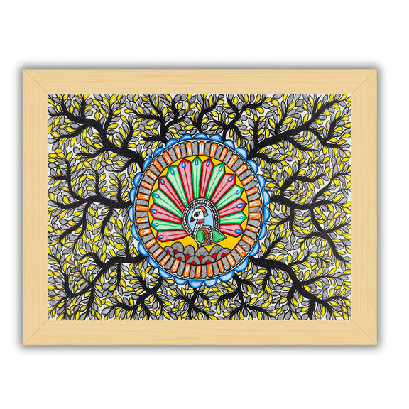 Framed artwork of a colorful dancing peacock-with handmade madhubani painting 