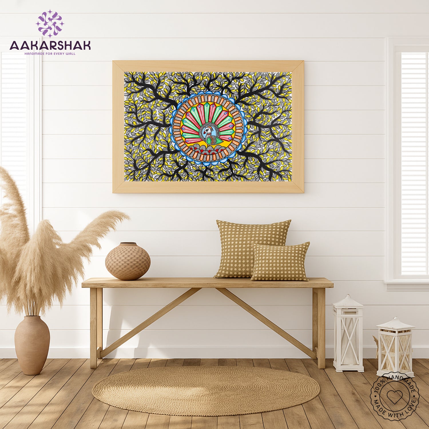 Framed artwork with dancing peacock design -handmade madhubani painting for home decor
