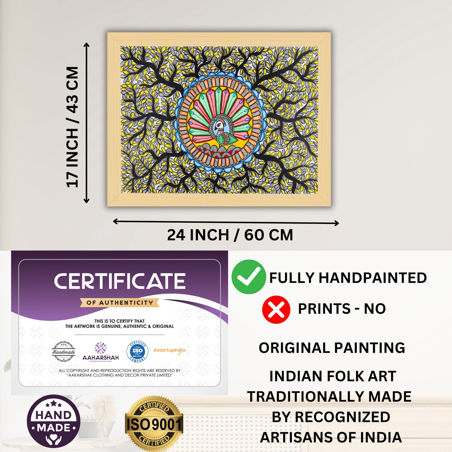 Framed artwork with dimensions, authenticity certificate and handmade iso certified-dancing peacock madhubani painting