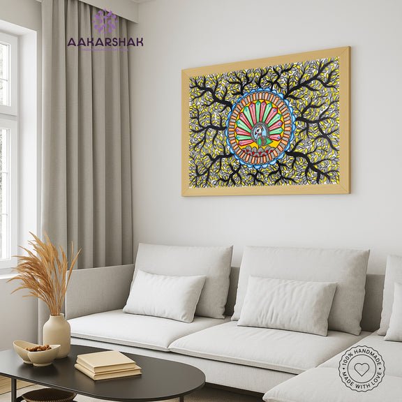 vibrant handmade dancing peacock painting-depicting indian folk traditions