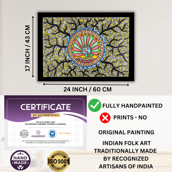 Framed artwork with dimensions, authenticity certificate and handmade iso certified-dancing peacock madhubani painting