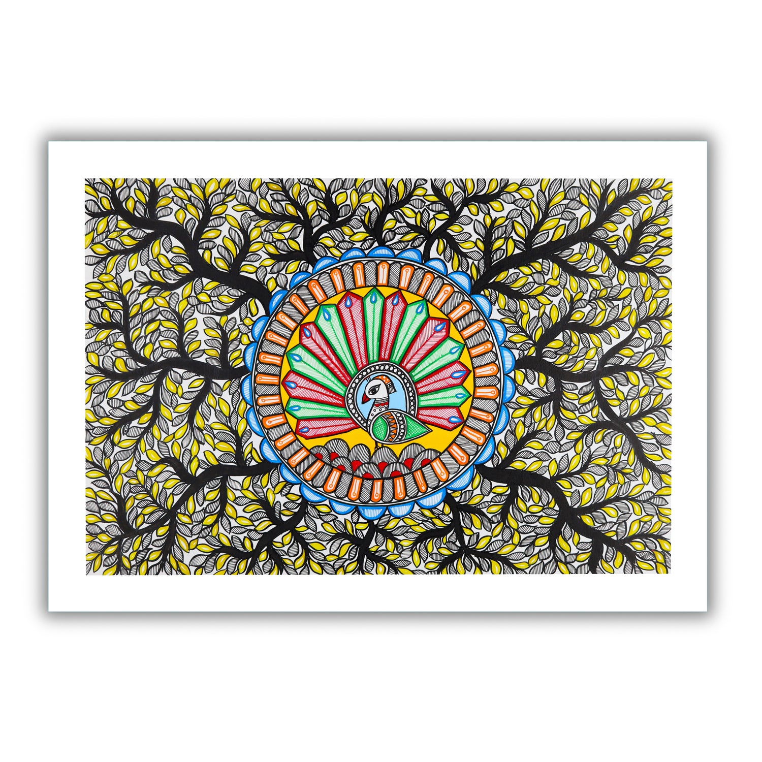 Framed artwork of a colorful dancing peacock-with handmade madhubani painting 
