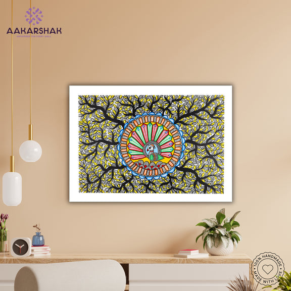 Framed artwork with dancing peacock design -handmade madhubani painting for home decor