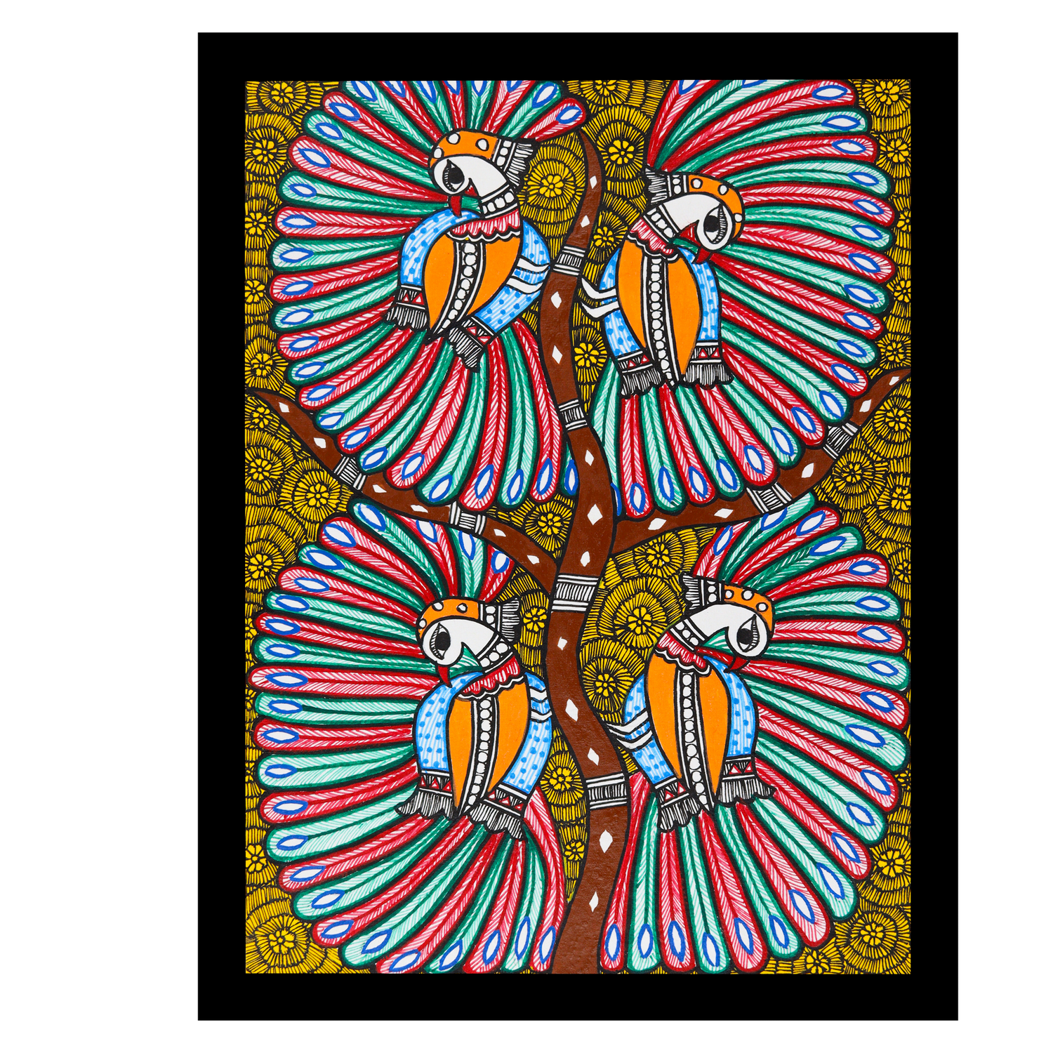 Framed artwork of a colorful dancing peacock -with handmade madhubani painting 
