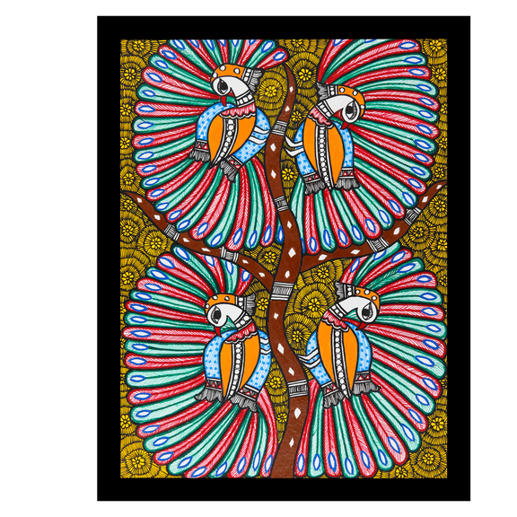 Framed artwork of a colorful dancing peacock -with handmade madhubani painting 