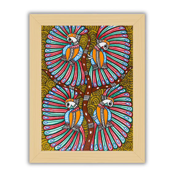 Framed artwork of a colorful dancing peacock -with handmade madhubani painting 